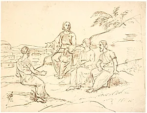 Bibelsk scene: Kristus siddende med tre apostle på et bjerg by Dankvart Dreyer