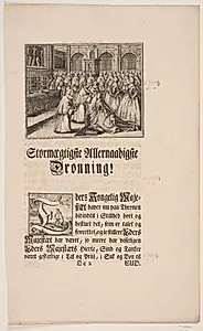 Biskop Hersleb salver Dronning Louise i Frederiksborg Slotskirke. Illustration og initial til Frederik d. IV's salvingsakt by Odvardt Helmoldt de Lode