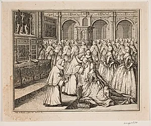 Biskop Hersleb salver Dronning Louise i Frederiksborg Slotskirke. Illustration til Frederik d. IV's salvingsakt by Odvardt Helmoldt de Lode