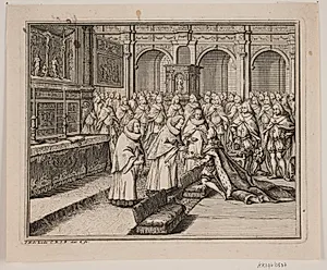 Biskop Hersleb salver Kong Frederik V i Frederiksborg Slotskirke. Illustration til Frederik d. IV's salvingsakt by Odvardt Helmoldt de Lode