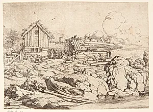 Bjælkehytte ved en flod, i forgrunden to mænd og en robåd, der er trukket op på land by Allaert van Everdingen