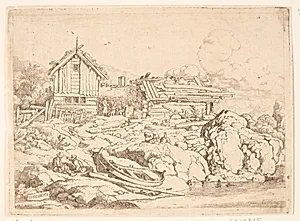 Bjælkehytte ved en flod, i forgrunden to mænd og en robåd, der er trukket op på land by Allaert van Everdingen