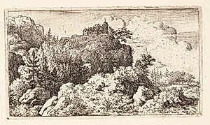 Bjerglandskab, i baggrunden en kirke på en klippe (fyrretræerne i hulvejen) by Allaert van Everdingen