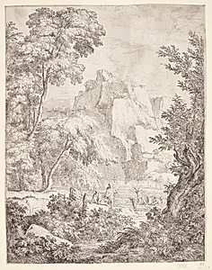 Bjerglandskab med en færgebåd by Abraham Genoels