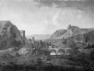 Bjerglandskab med en flod og en bro by Johann Christian Vollerdt