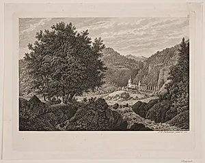 Bjerglandskab med en kirke by Søren Henrik Petersen