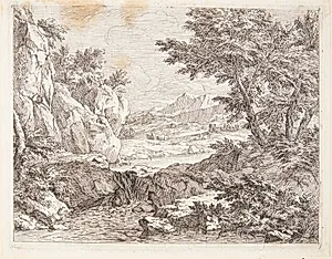 Bjerglandskab med en snoet vej, der fører op til en by by Abraham Genoels