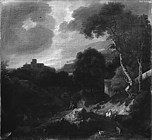 Bjerglandskab med et kloster by Abraham Genoels