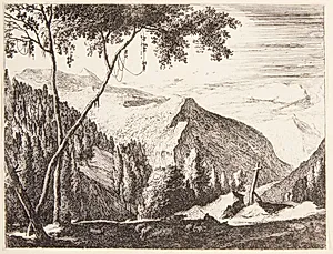 Bjerglandskab med et kors by Roelant Roghman