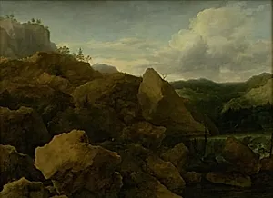 Bjerglandskab med et vandfald by Allaert van Everdingen