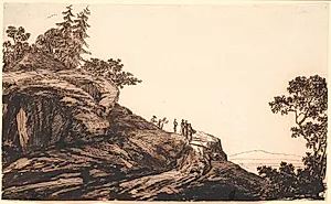 Bjerglandskab med folk og æsler på en vej by Jens Juel
