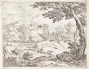 Bjerglandskab med hyrde og får by Abraham Genoels