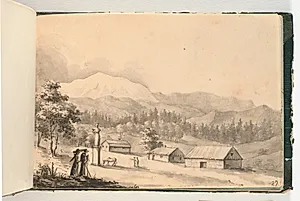 Bjerglandskab med mennesker og huse by J.C. Dahl