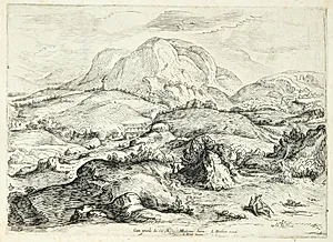 Bjerglandskab med siddende mand by Gerrit Adriaensz Gauw