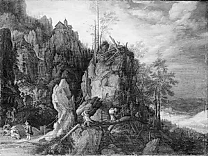 Bjerglandskab med skovhuggere by Roelant Savery