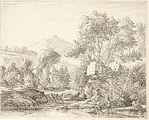 Bjerglandskab med to mænd, der står i en flod by Karel Du Jardin