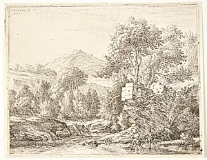 Bjerglandskab med to mænd, der står i en flod by Karel Du Jardin