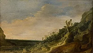 Bjerglandskab med udsigt over en flod og havet by Jacob van Geel