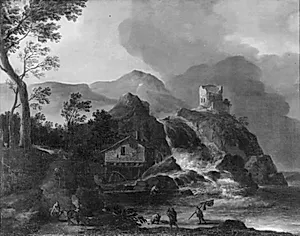 Bjerglandskab med vandmølle og borgruiner by Willem van Bemmel
