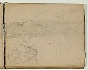Bjerglandskabsskitse. Skitse af tiger, andefugle og figurer by Niels Larsen Stevns