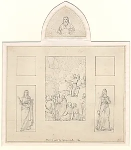 Bjergprædiken, flankeret af Troen og Håbet og foroven Alvidenheden (Gudfader med Jordkloden). by C.W. Eckersberg