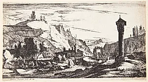 Bjergrigt landskab med en søjle by Roelant Roghman