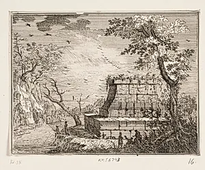 Bjergrigt landskab med et monument