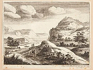 Bjergrigt landskab med vejfarende, i baggrunden en by på en klippe by Jan van Almeloveen