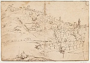 Bjergside med vinmarker og bymur by Ubekendt