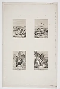 Blad med fire illustrationer til Lærkefamilien, et eventyr af Johs. Barner by Adolph Kittendorff