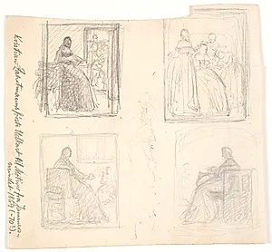 Blad med fire indrammede udkast til første Leonora Christine billeder (1869-70). I midten et figurrids by Kristian Zahrtmann