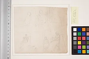Blad med fire udkast til første Leonora Christine billeder by Kristian Zahrtmann