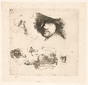 Blad med forskellige studier: Selvportræt, tiggerpar, hoveder by Rembrandt van Rijn