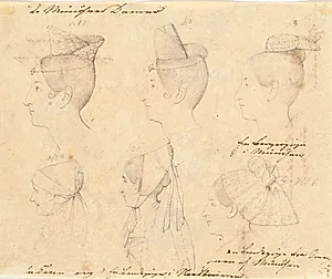 Blad med seks kvinder set i profil fra München og Nordbayern by Wilhelm Bendz