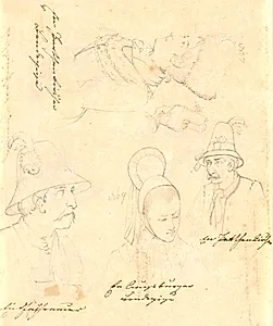 Blad med skitser af tre kvinder og to mænd by Wilhelm Bendz