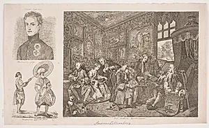 Blad med tre fremstillinger: "Det moderne Givtermaal" efter Hogarth, Portræt af Frants Napoleon og "Hinduernes ypperste præst"
