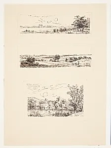 Blad med tre små landskaber by Louise Ravn-Hansen