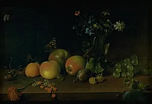 Blomster og frugter på et bord by Jens Juel