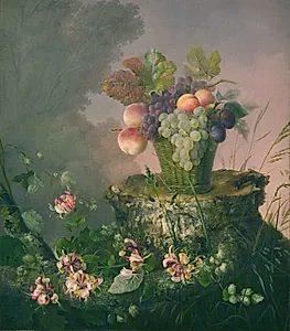 Blomsterkurv med frugt ved en træstub