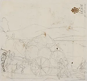 Blyantsrids af bjerglandskab med kærre by Wilhelm Marstrand