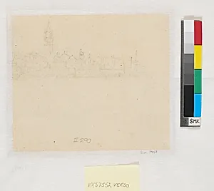 Blyantsskitse med byhuse og kirketårn by Wilhelm Marstrand