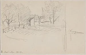 Blyantsstudie af huse og store træer by Albert Gottschalk