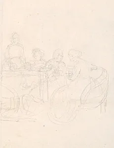 Blyantsstudie af københavnske damer ved tebord by Wilhelm Marstrand
