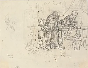 Blyantsudkast til samme motiv som recto. Et uheld på skomagerfamiliens skovtur by Wilhelm Marstrand
