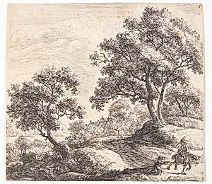 Bonde, der krydser en bred landevej. I forgrunden en rytter og en tigger by Anthonie Waterloo