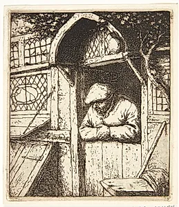 Bonde, der læner sig ud ad en døråbning by Adriaen van Ostade