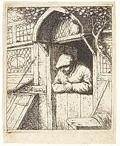 Bonde, der læner sig ud ad en døråbning by Adriaen van Ostade