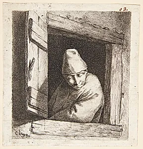 Bonde, der ser ud af et vindue by Cornelis Pietersz Bega