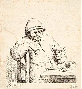 Bonde, siddende ved et bord med en pibe i hånden by Adriaen van Ostade