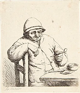 Bonde, siddende ved et bord med en pibe i hånden by Adriaen van Ostade